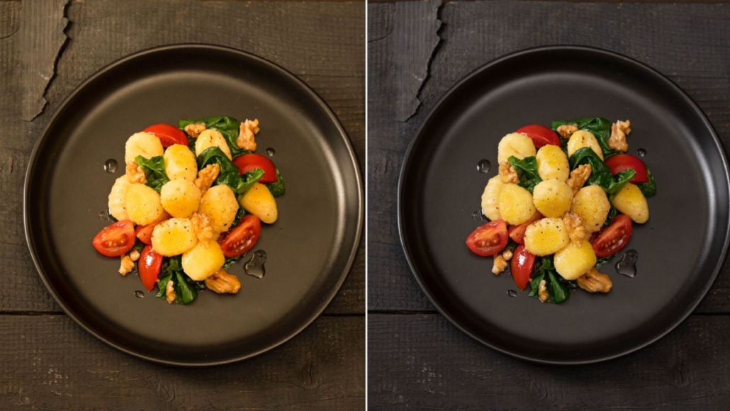 Riktig lys over spisebordet - bildet av en salat dandert på tallerken i to ulike lys - varmt og kaldt lys gjør forskjell på hvordan maten oppfattes av synet